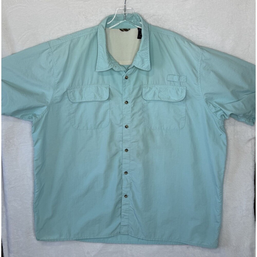 Mens 3XL Fishing‎ Outdoors Shirt Aqua Blue Short Sleeve Button Up Pockets Nylon